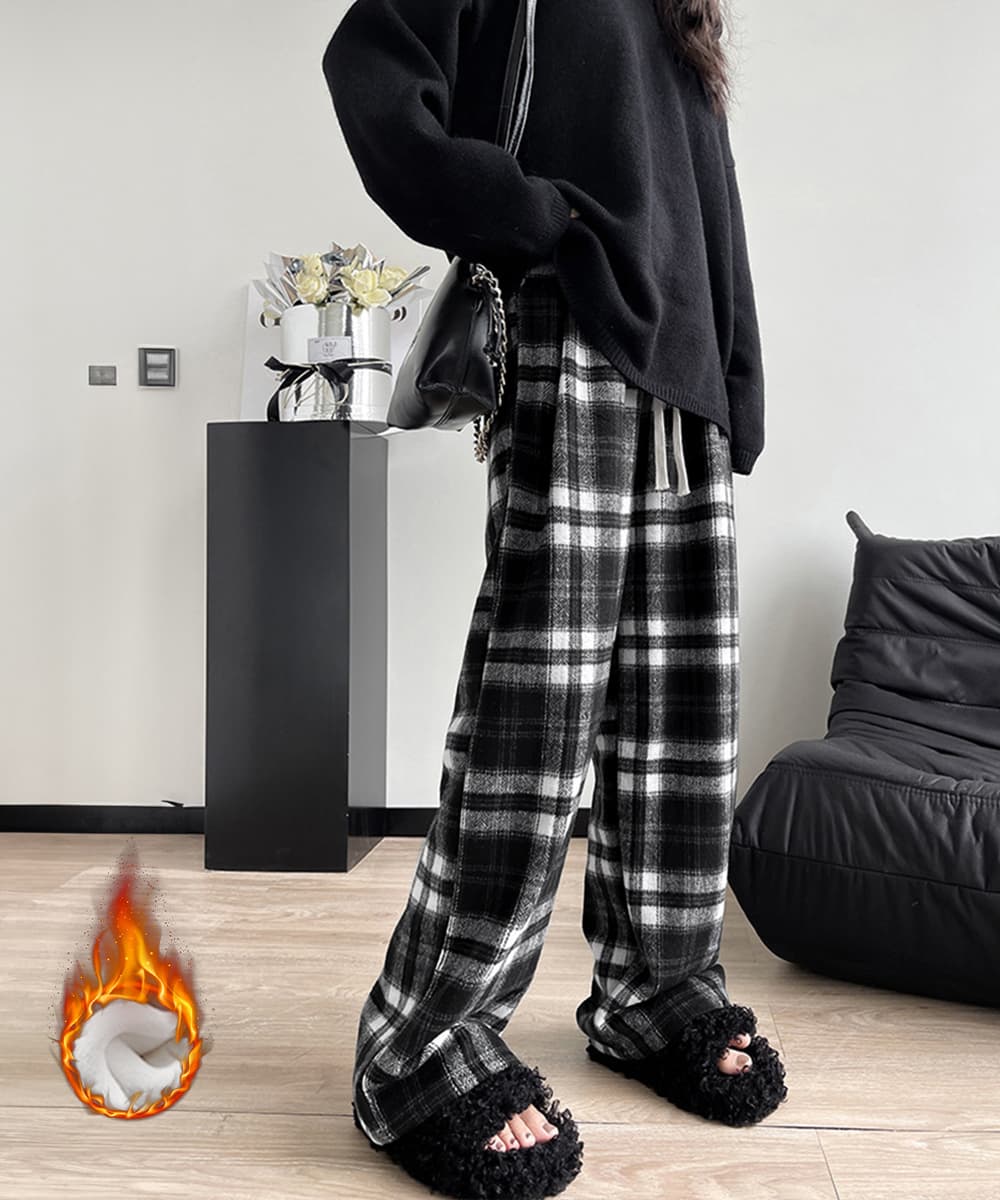 チェックパンツ チェック柄ハイウエストワイドパンツ裏起毛