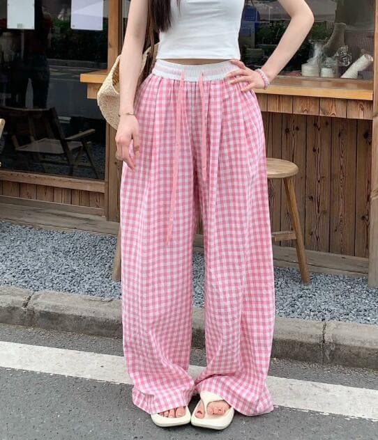 チェックパンツ ギンガムチェック柄ワイドパンツ