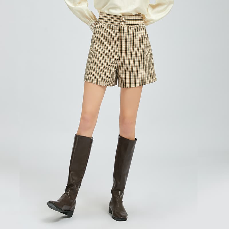 チェックパンツ ハイウエストチェックショートパンツ
