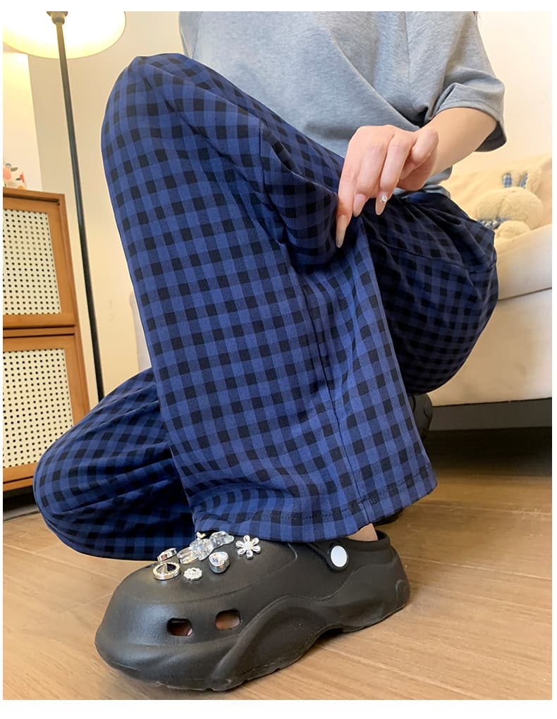 チェックパンツ ゆったり格子柄ロングパンツ