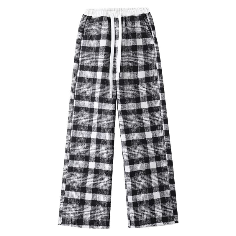 チェックパンツ もこもこチェックフリースワイドパンツ