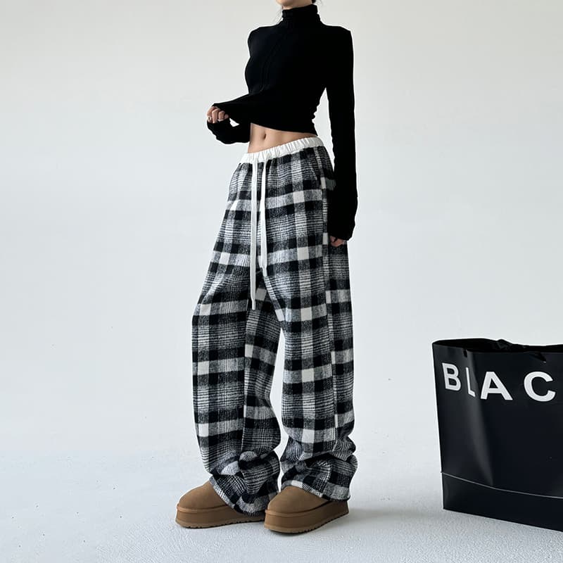 チェックパンツ もこもこチェックフリースワイドパンツ