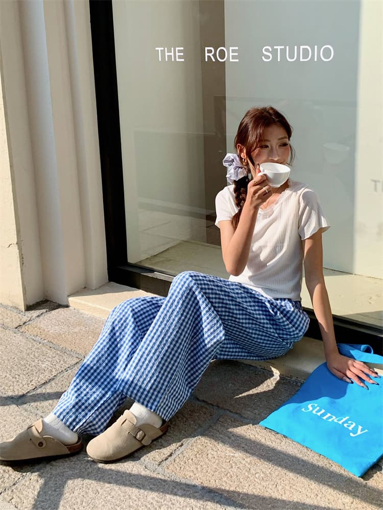 チェックパンツ 春夏ギンガムチェック柄ワイドパンツゴム仕様