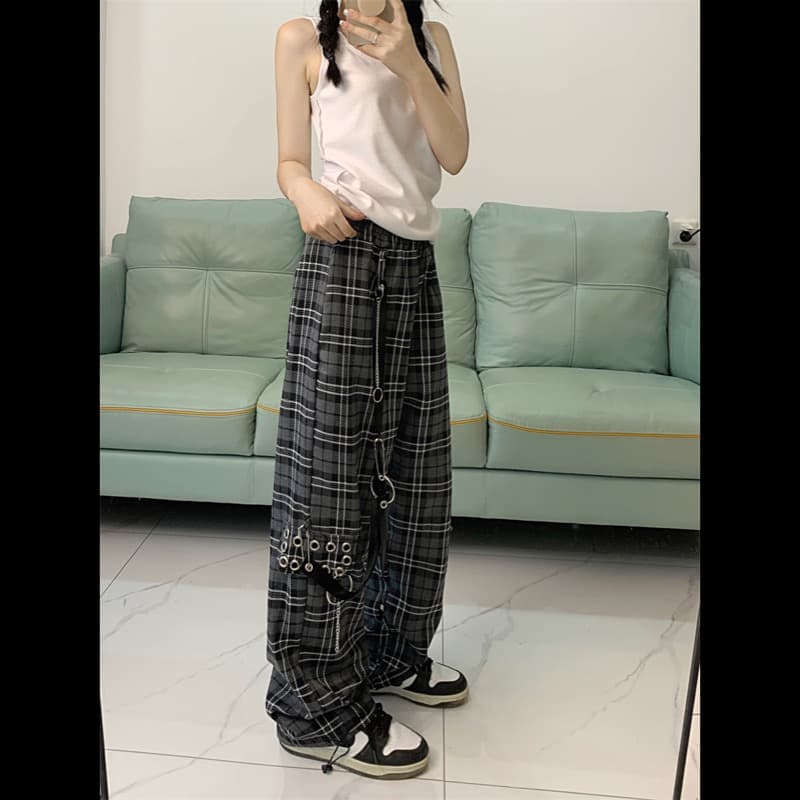 チェックパンツ モード系チェック柄 ハイウエストスラックス レディース