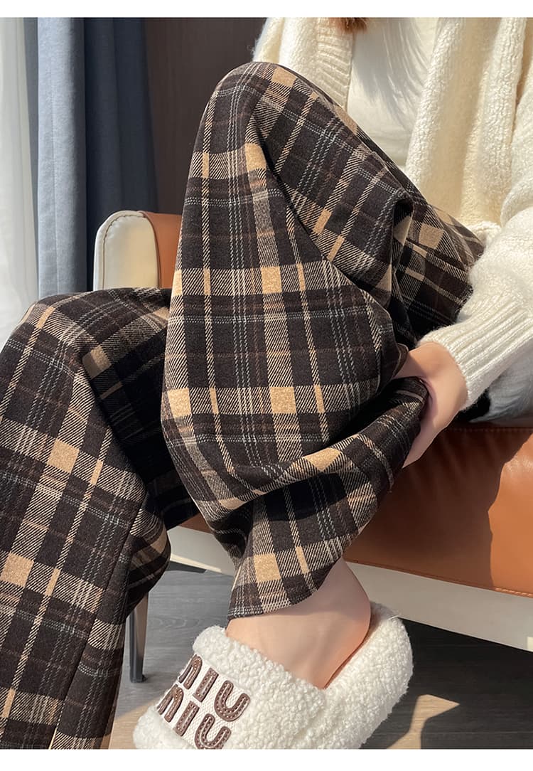 チェックパンツ ウール混チェックワイドパンツ