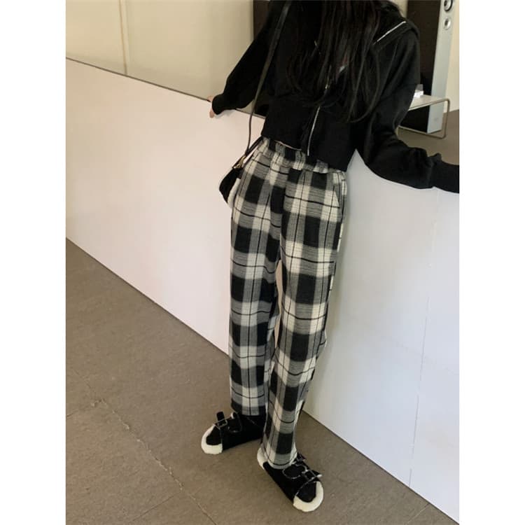 チェックパンツ 伸縮性ウエスト 暖かい厚手 チェック柄ワイドパンツ