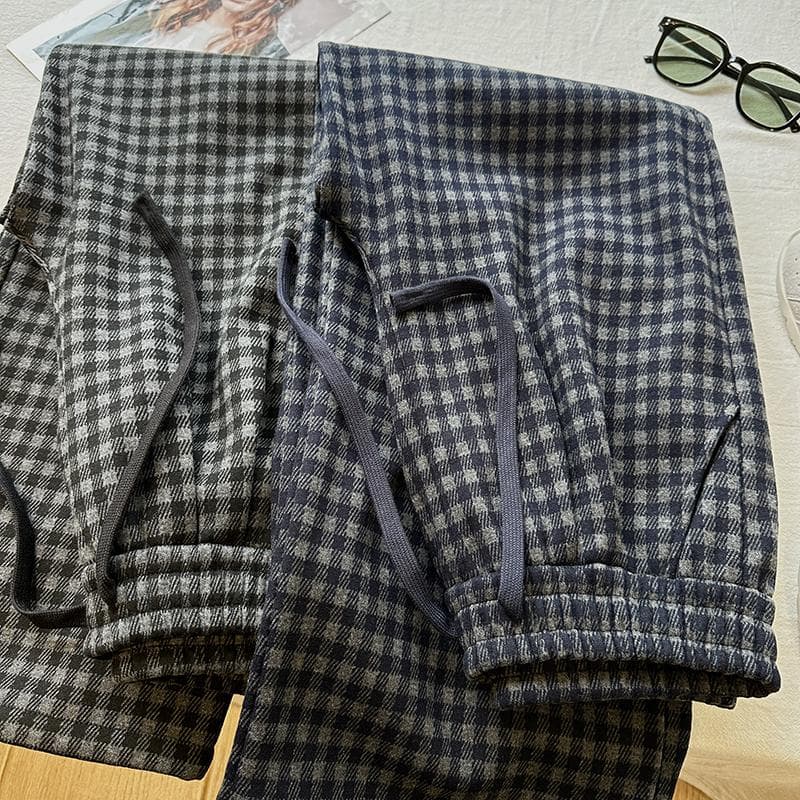 チェックパンツ レディース ハイウエスト チェック柄 裏起毛 グレーロングパンツ
