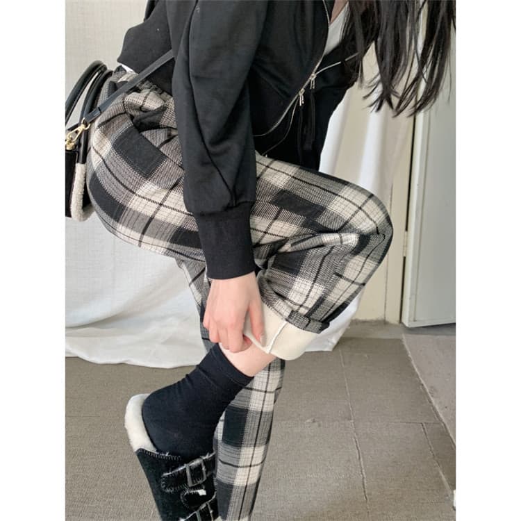 チェックパンツ 伸縮性ウエスト 暖かい厚手 チェック柄ワイドパンツ