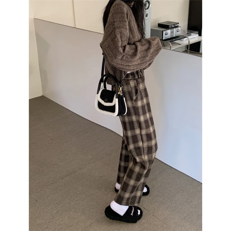 チェックパンツ 伸縮性ウエスト 暖かい厚手 チェック柄ワイドパンツ
