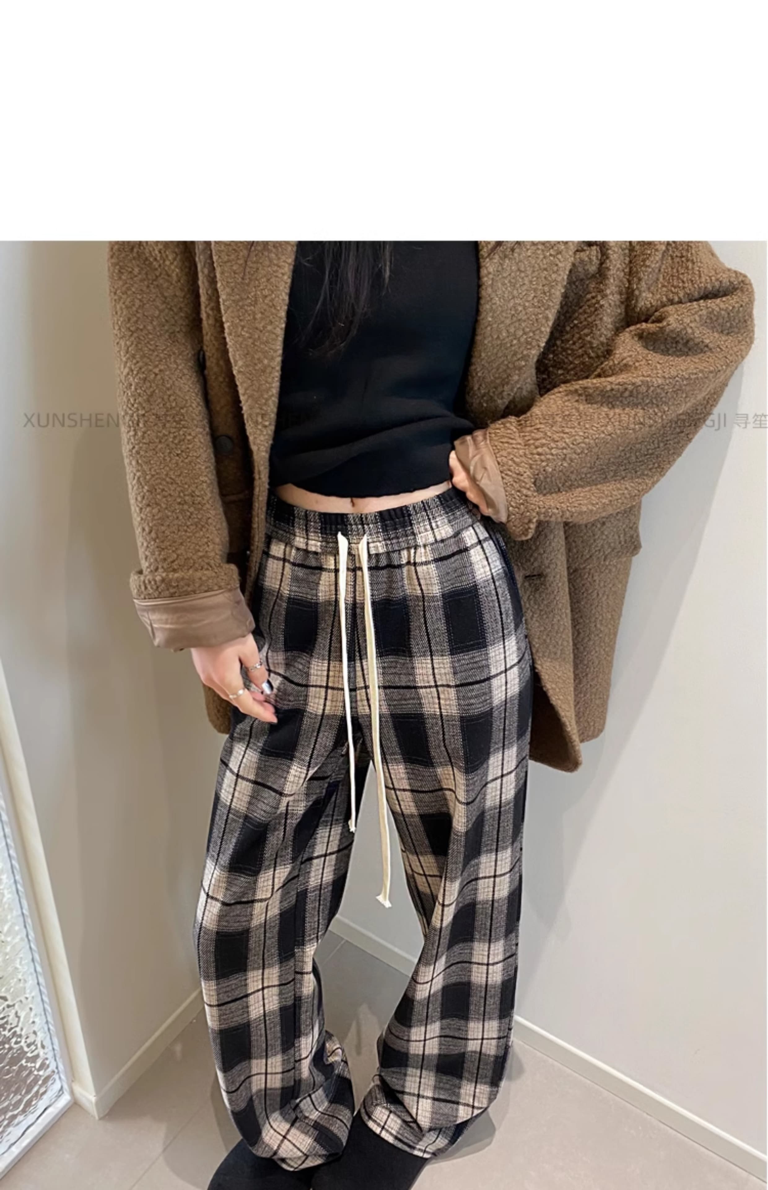 チェックパンツ 白黒 ゆったりシルエット 格子柄ルームパンツ