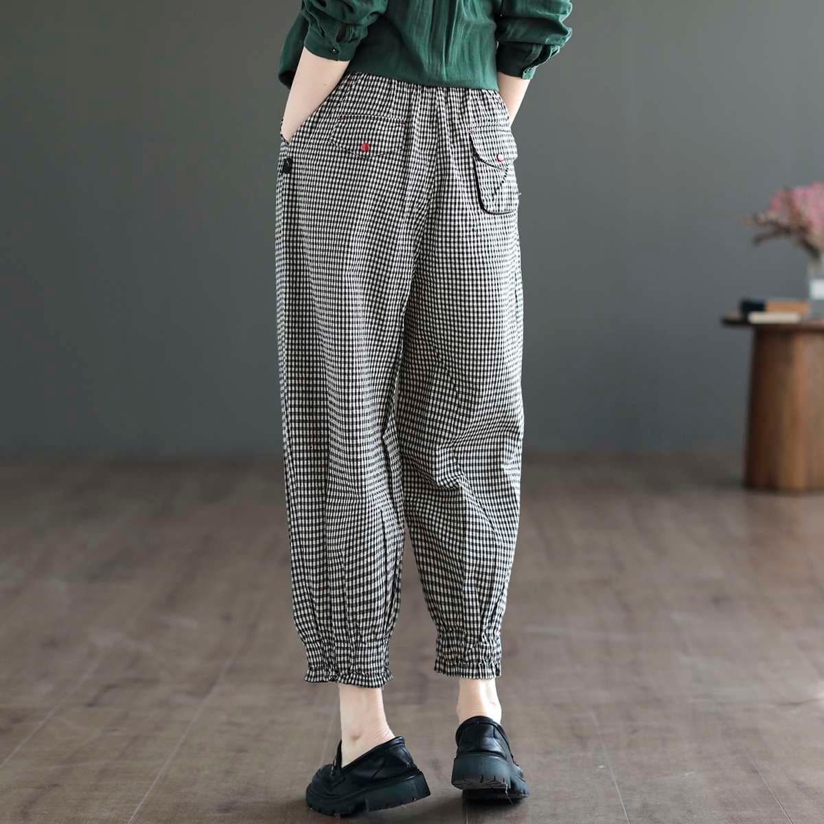 チェックパンツ 白黒ギンガムチェック柄ゆったりウエストゴムパンツ