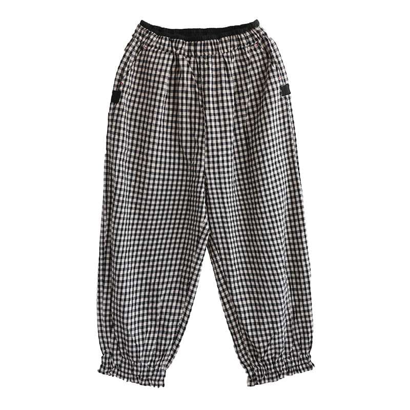 チェックパンツ 白黒ギンガムチェック柄ゆったりウエストゴムパンツ