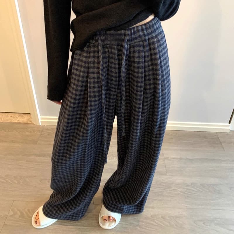 チェックパンツ ふんわり上品ギンガムチェックワイドパンツ