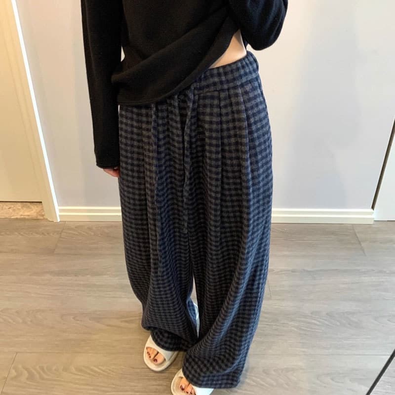 チェックパンツ ふんわり上品ギンガムチェックワイドパンツ