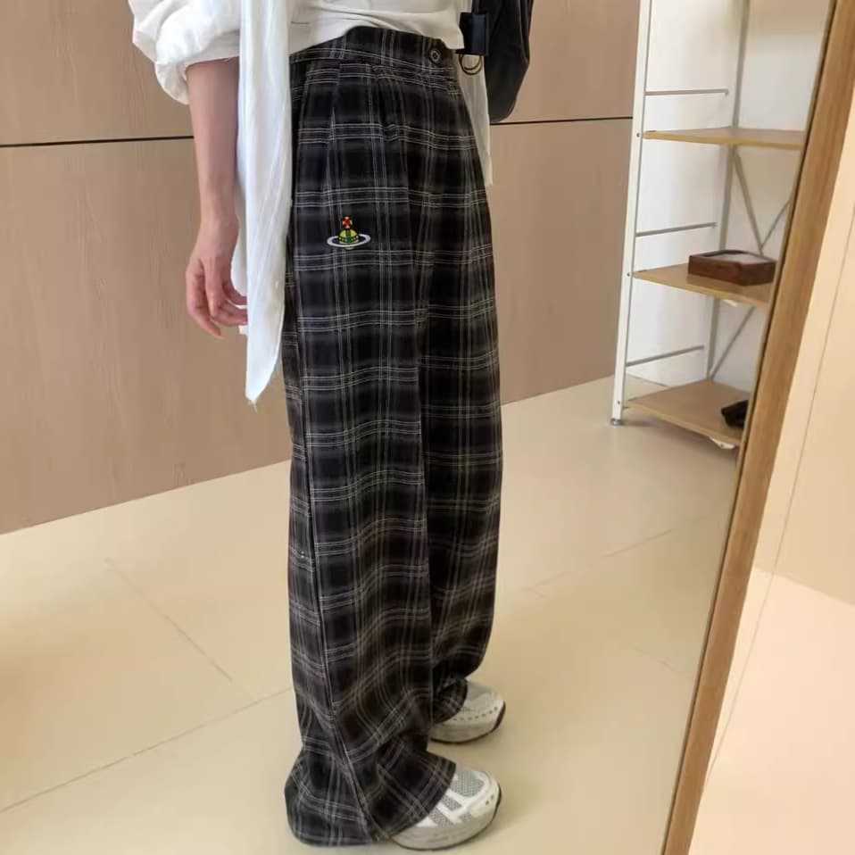 チェックパンツ グレンチェック柄 遊び心刺繍入りゆったりパンツ