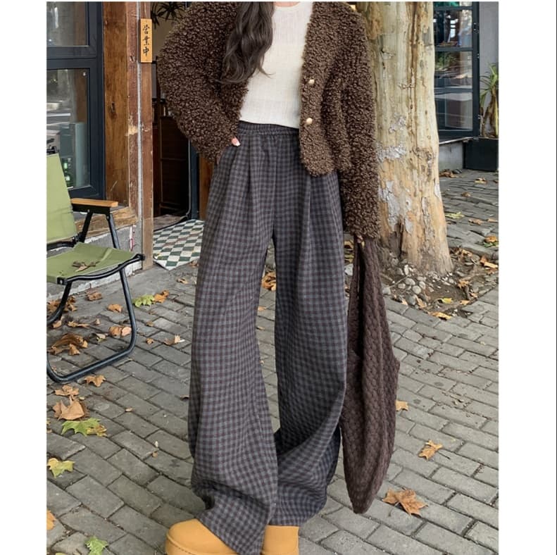 チェックパンツあったか冬素材ゆったりチェックパンツ