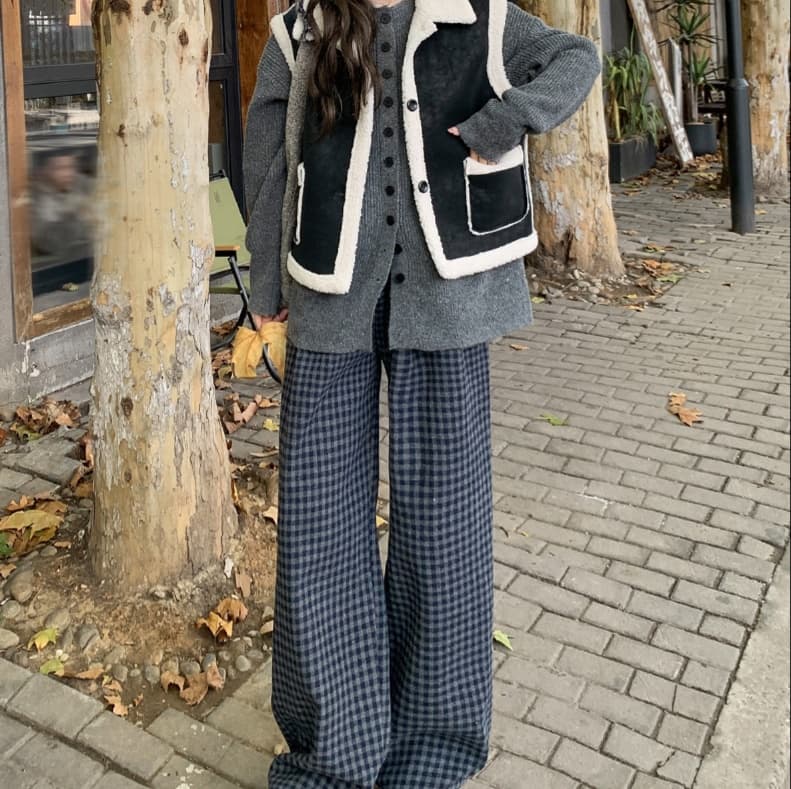 チェックパンツあったか冬素材ゆったりチェックパンツ