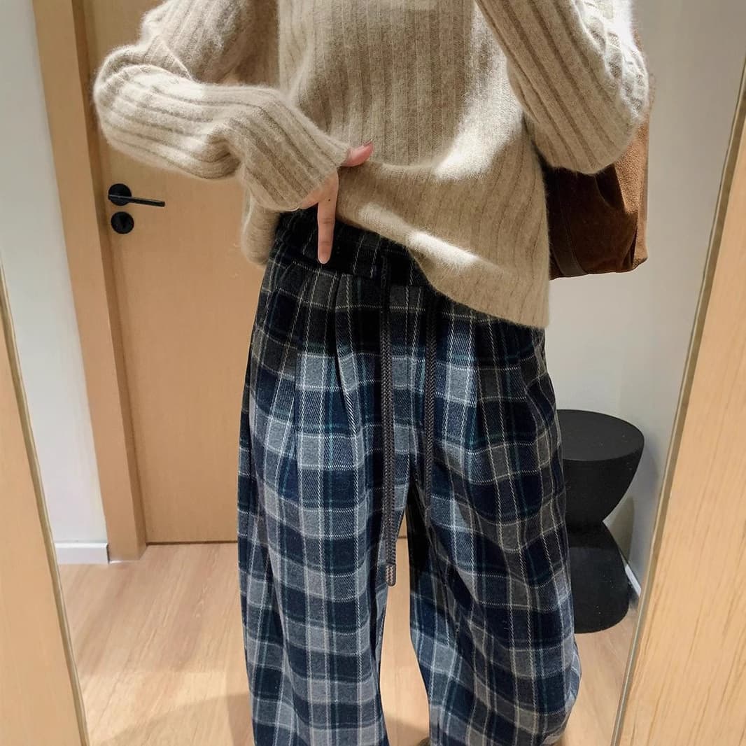 チェックパンツ あったか起毛タータンチェックワイド