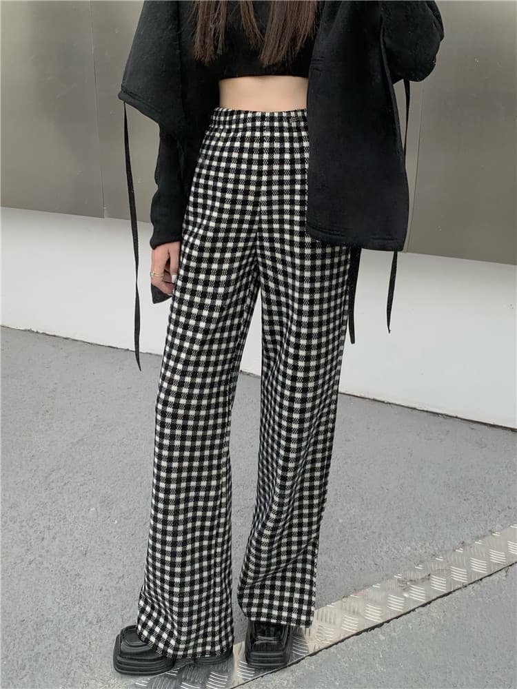 大人気厚手スプリットワイドチェックパンツ