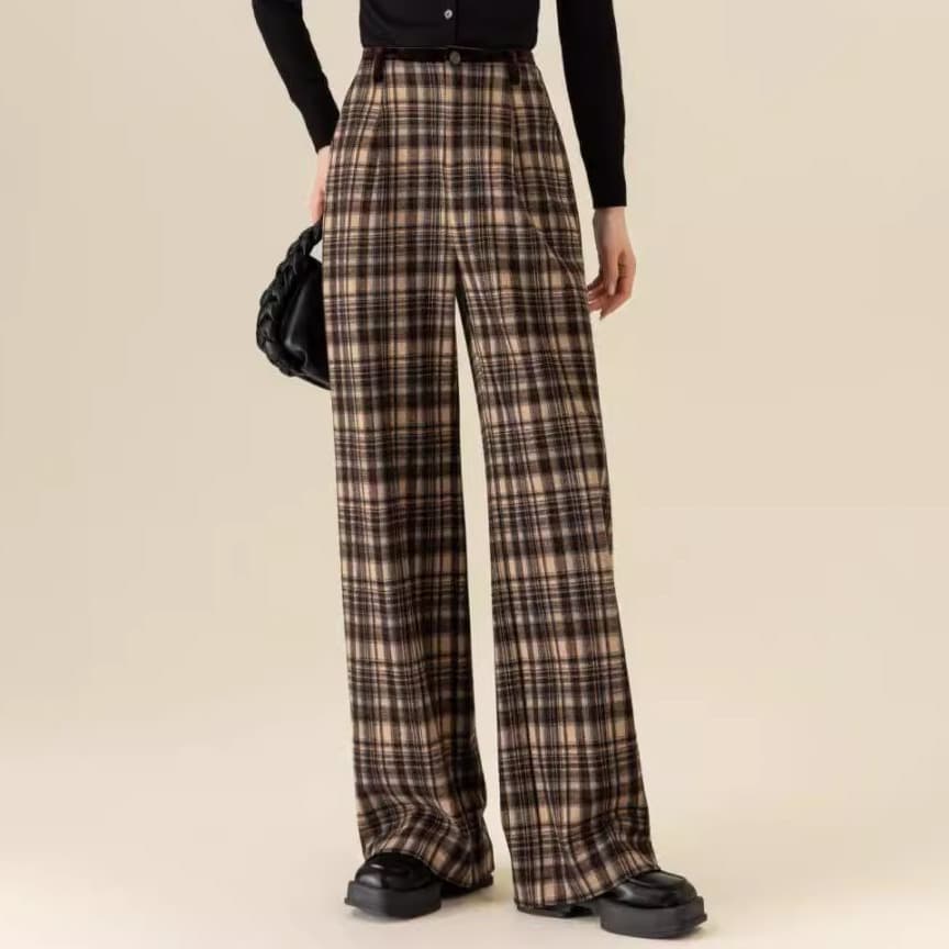 チェックパンツ ブラウン ゆったりシルエット大人のチェックパンツ