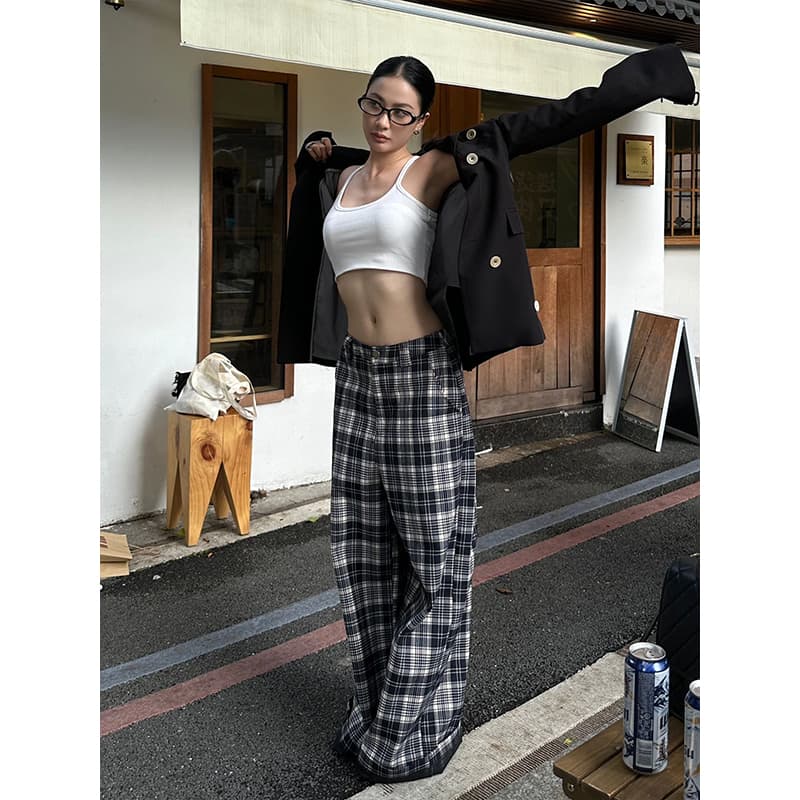 チェックパンツゆったりワイドシルエット タータンチェックパンツ