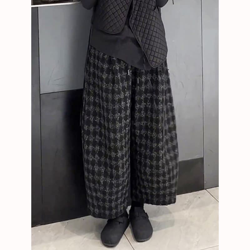秋冬新作 千鳥格子チェックパンツ レディース 体型カバー ワイド