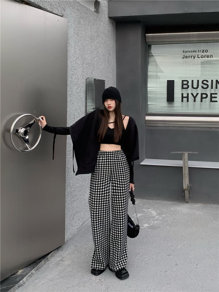 大人気厚手スプリットワイドチェックパンツ