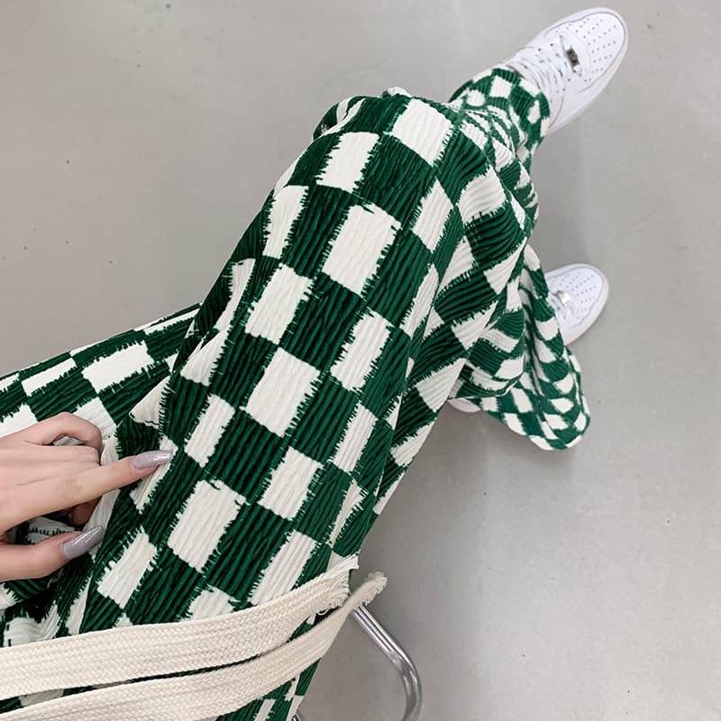 チェックパンツ モコモコチェック柄ワイドパンツ