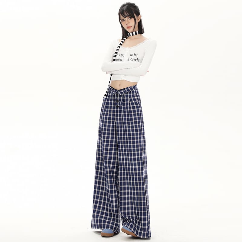 チェックパンツ レディースチェック柄ワイドパンツ