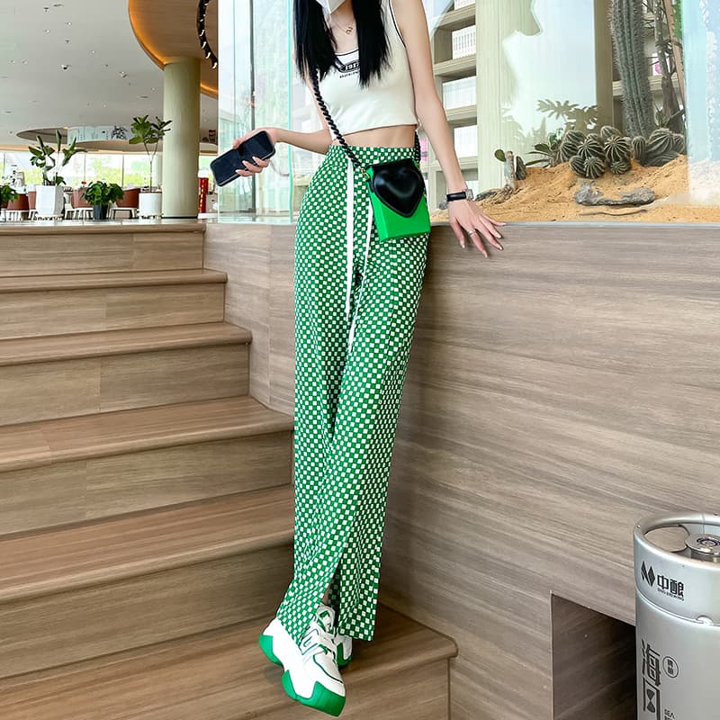 チェックパンツ 市松模様ワイドストレートパンツ