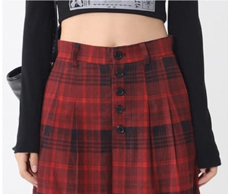 チェックパンツ 赤 ワイドシルエットチェック柄ロングパンツ