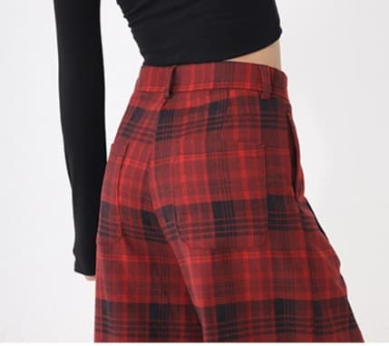 チェックパンツ 赤 ワイドシルエットチェック柄ロングパンツ