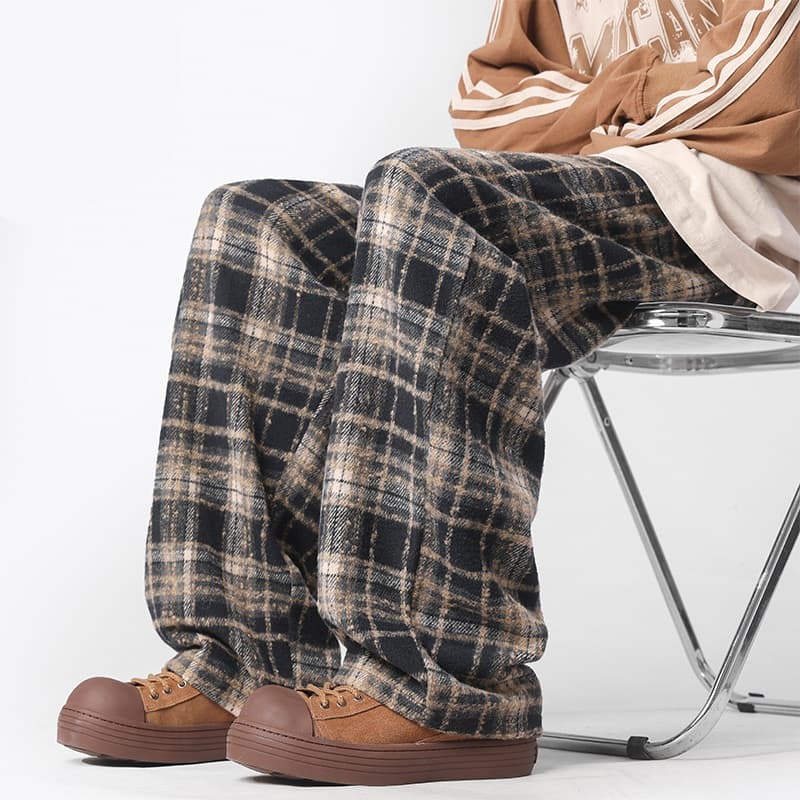 チェックパンツ おしゃれ格子柄ワイドパンツ 冬向けあったか生地