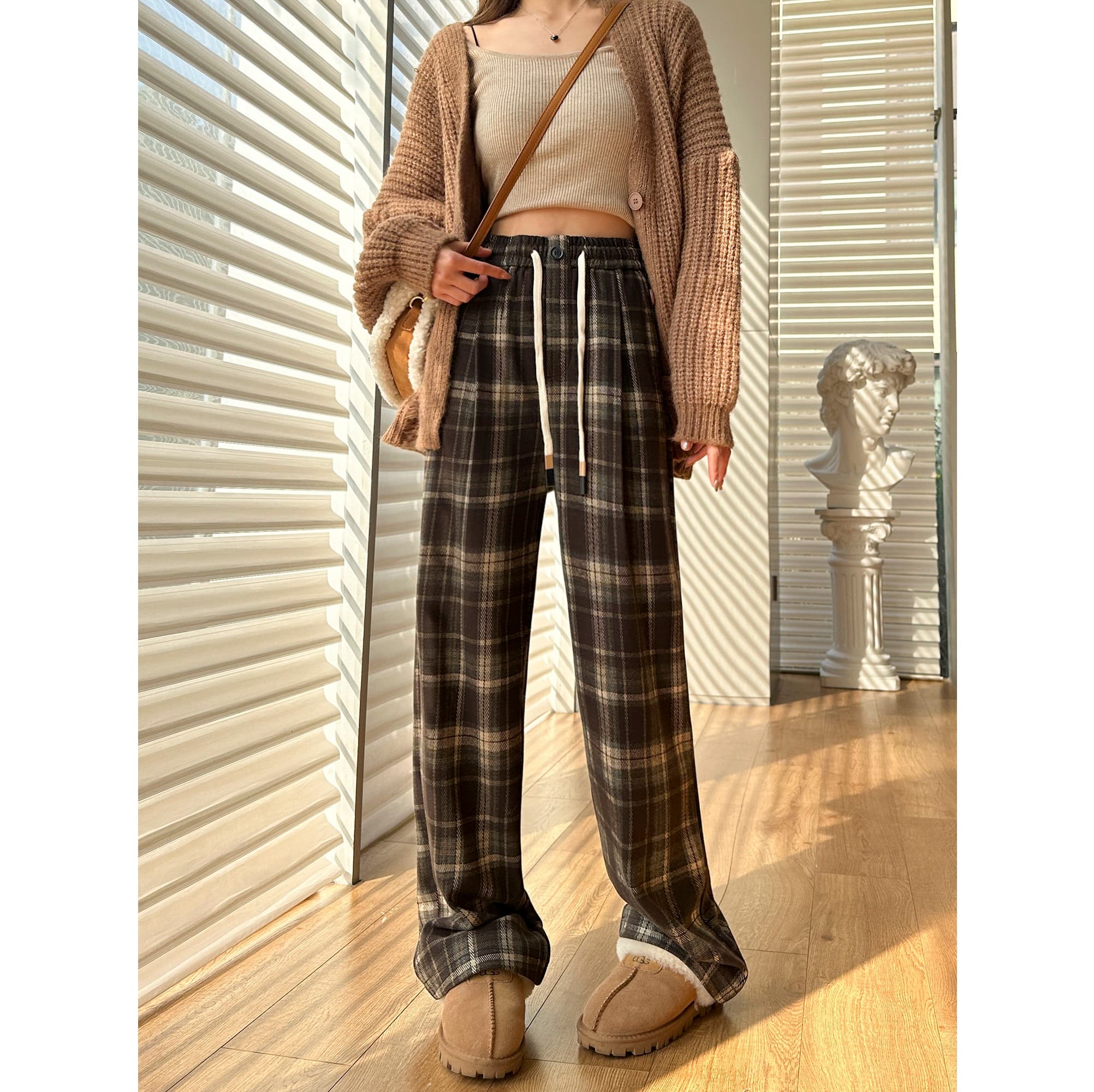 チェックパンツ くつろぎタータンチェック柄ワイドパンツ