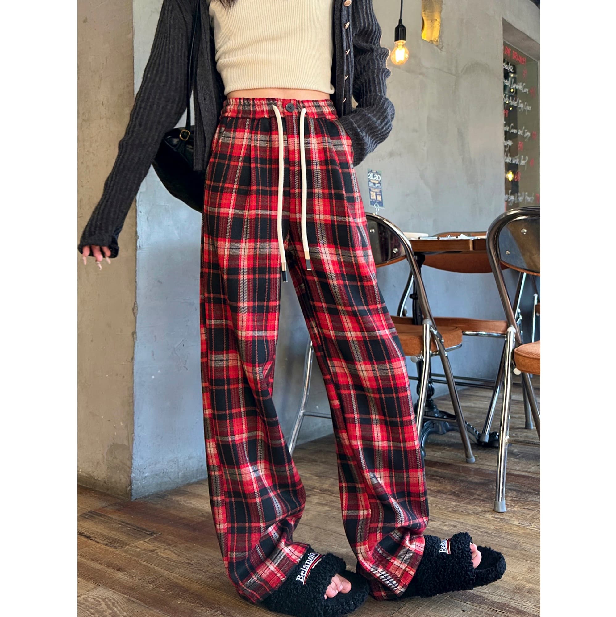 チェックパンツ くつろぎタータンチェック柄ワイドパンツ