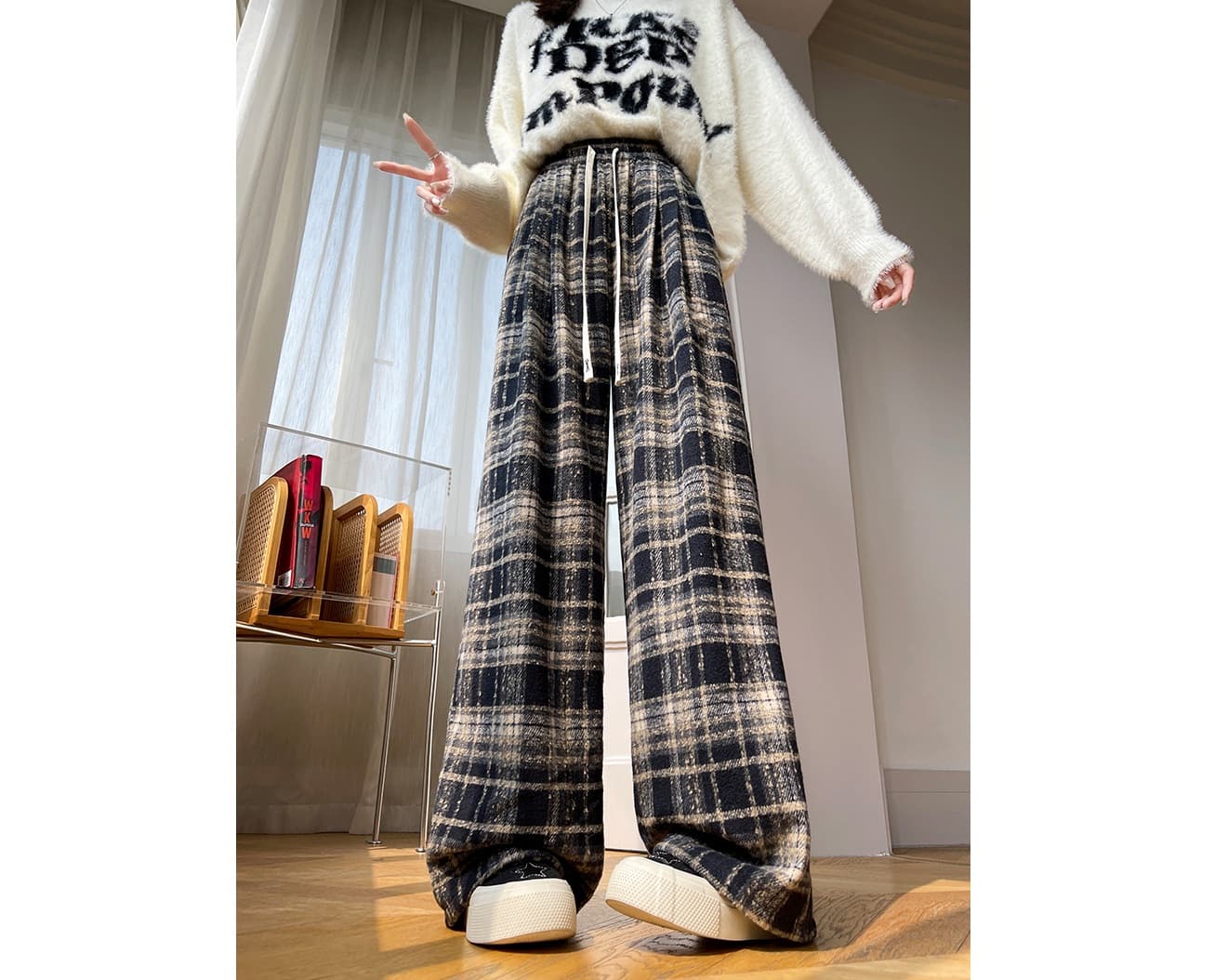チェックパンツ あたたか格子柄ロングワイドパンツ