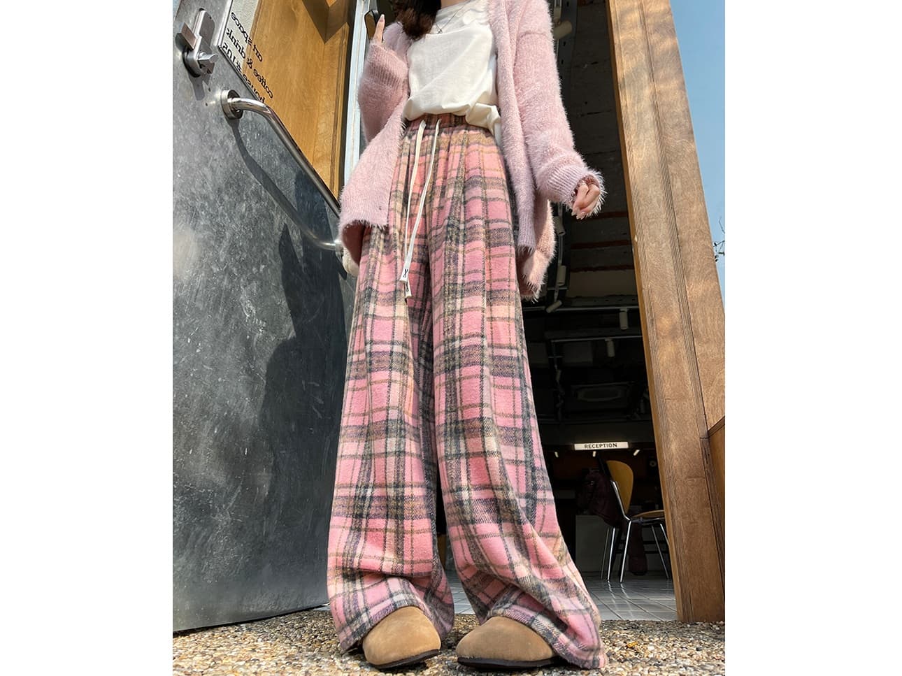 チェックパンツ あたたか格子柄ロングワイドパンツ