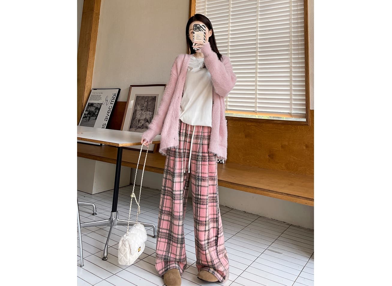 チェックパンツ あたたか格子柄ロングワイドパンツ