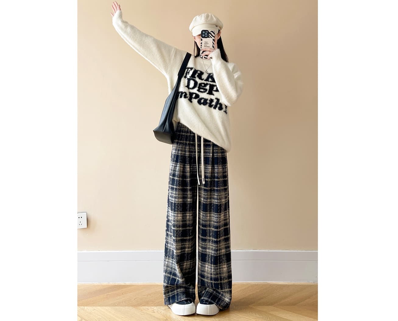 チェックパンツ あたたか格子柄ロングワイドパンツ