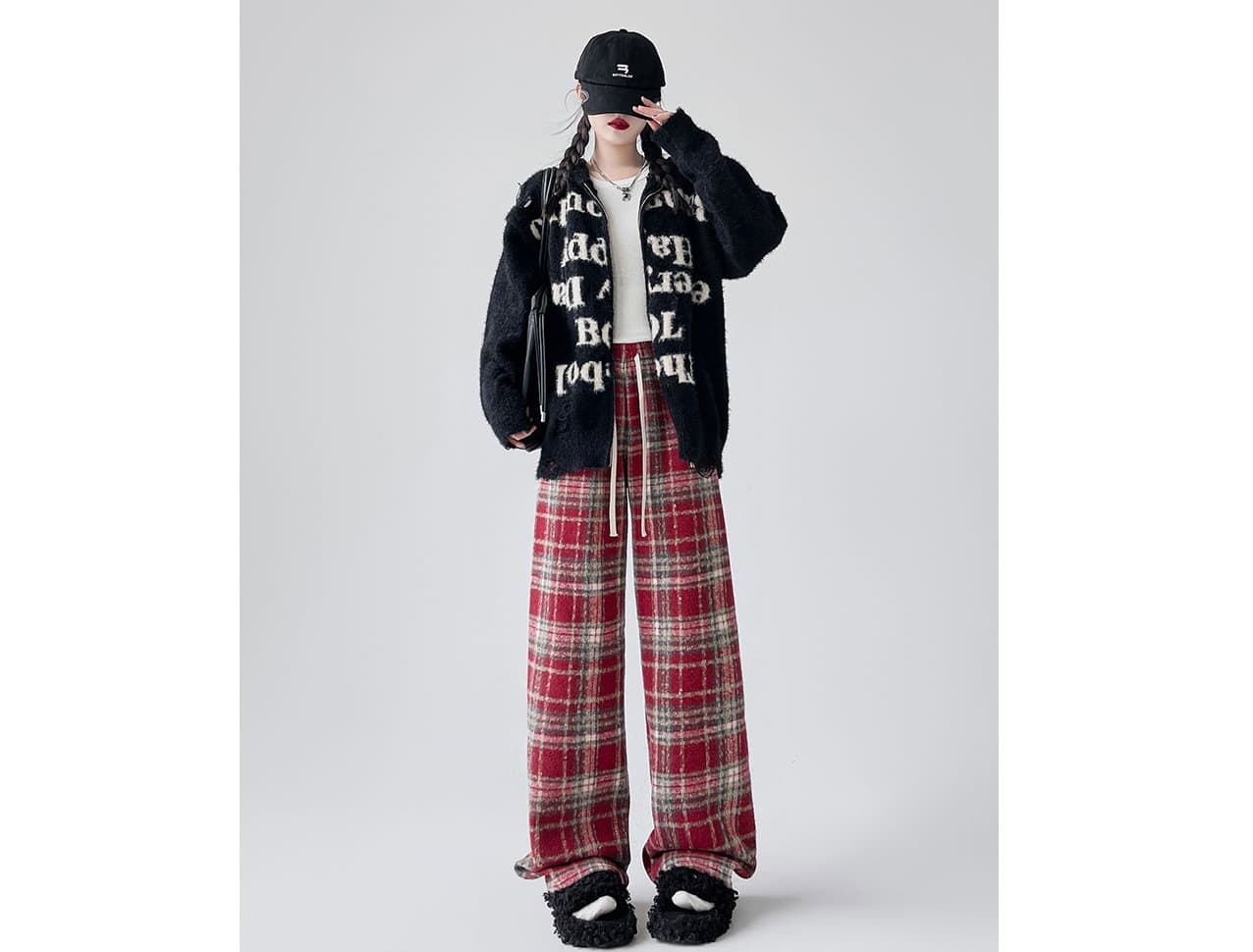 チェックパンツ あったかチェック柄ワイドパンツ