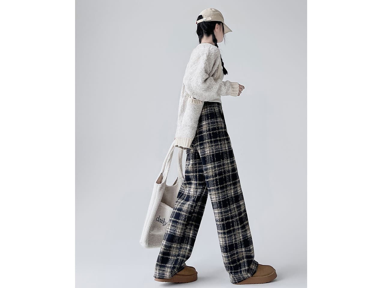 チェックパンツ あったかチェック柄ワイドパンツ