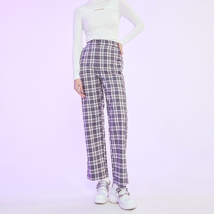 チェックパンツ チェックパンツ すっきり美脚ストレートパンツ