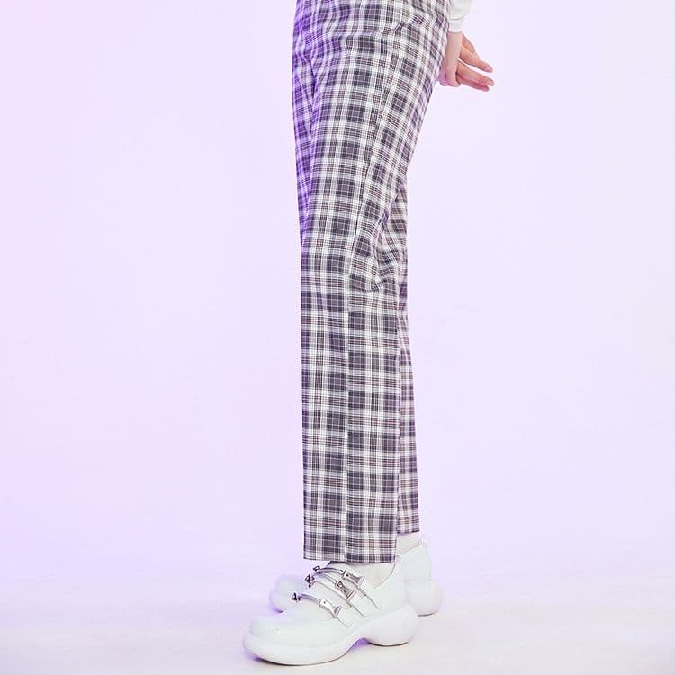 チェックパンツ チェックパンツ すっきり美脚ストレートパンツ