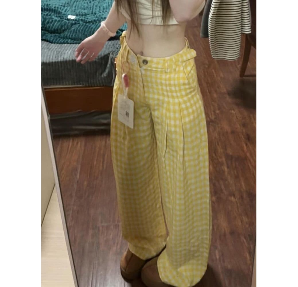 チェックパンツ ゆったりハイウエストギンガムチェックワイドパンツ