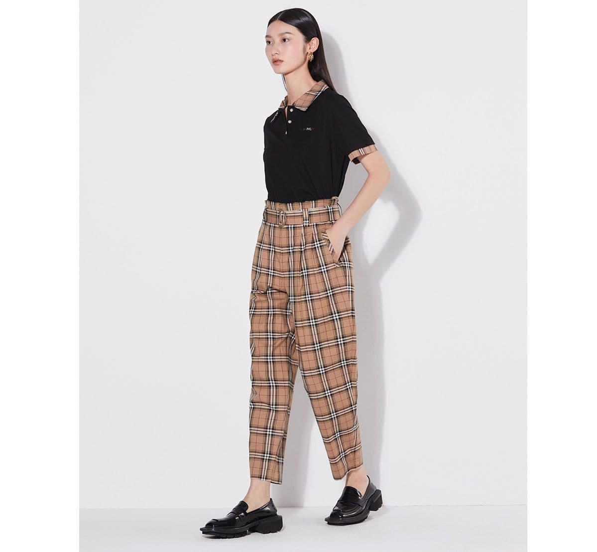 チェックパンツ ハイウエストベルト付きチェックパンツ
