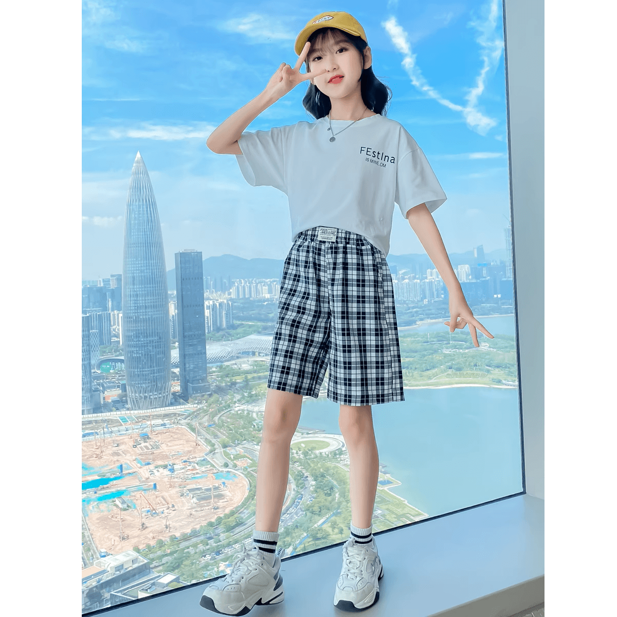 チェックパンツ 格子柄ゆったりショートパンツ