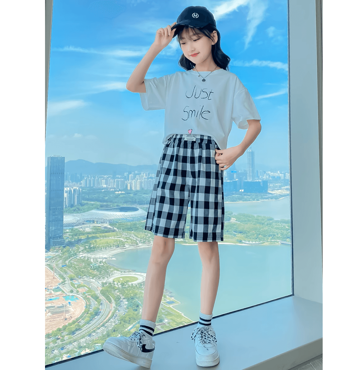 チェックパンツ 格子柄ゆったりショートパンツ