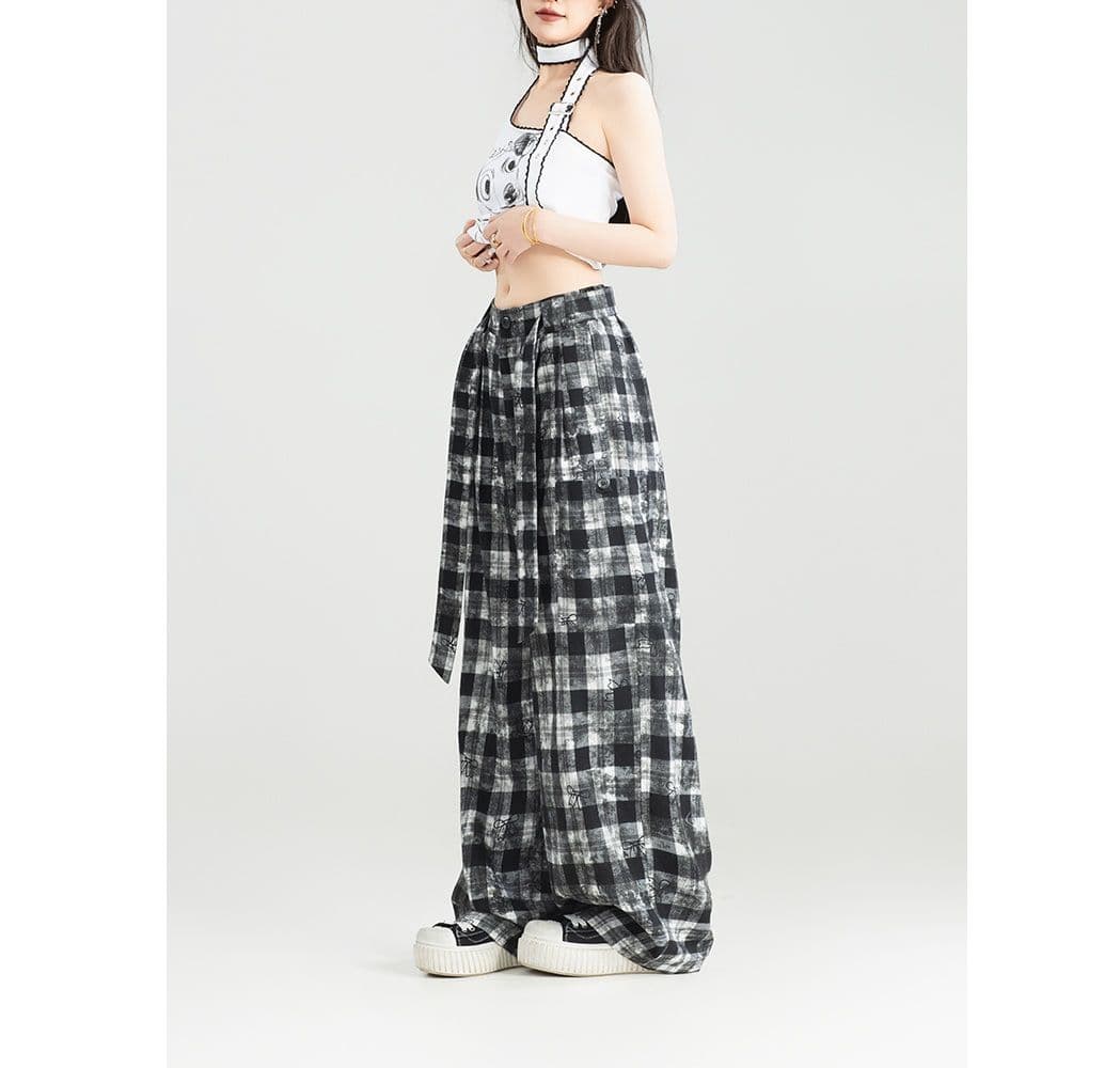 チェックパンツ レトロ風ギンガムチェックワイドパンツ
