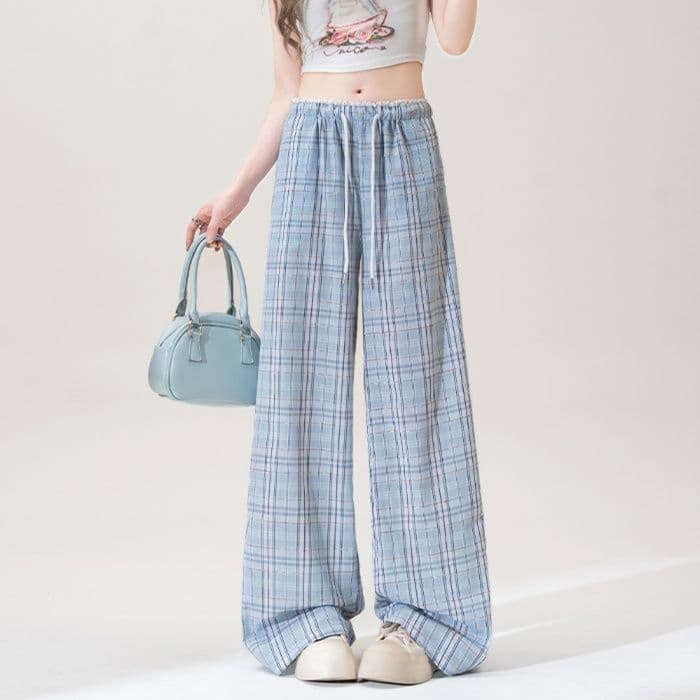 チェックパンツ レース風チェック柄ワイドパンツ