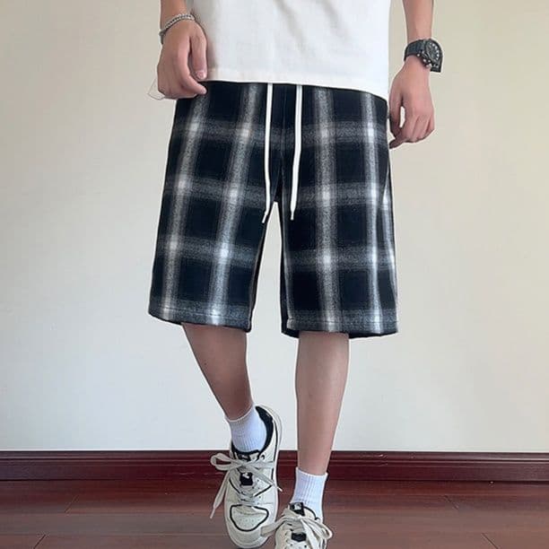 チェックパンツ ゆったり格子柄ハーフパンツ